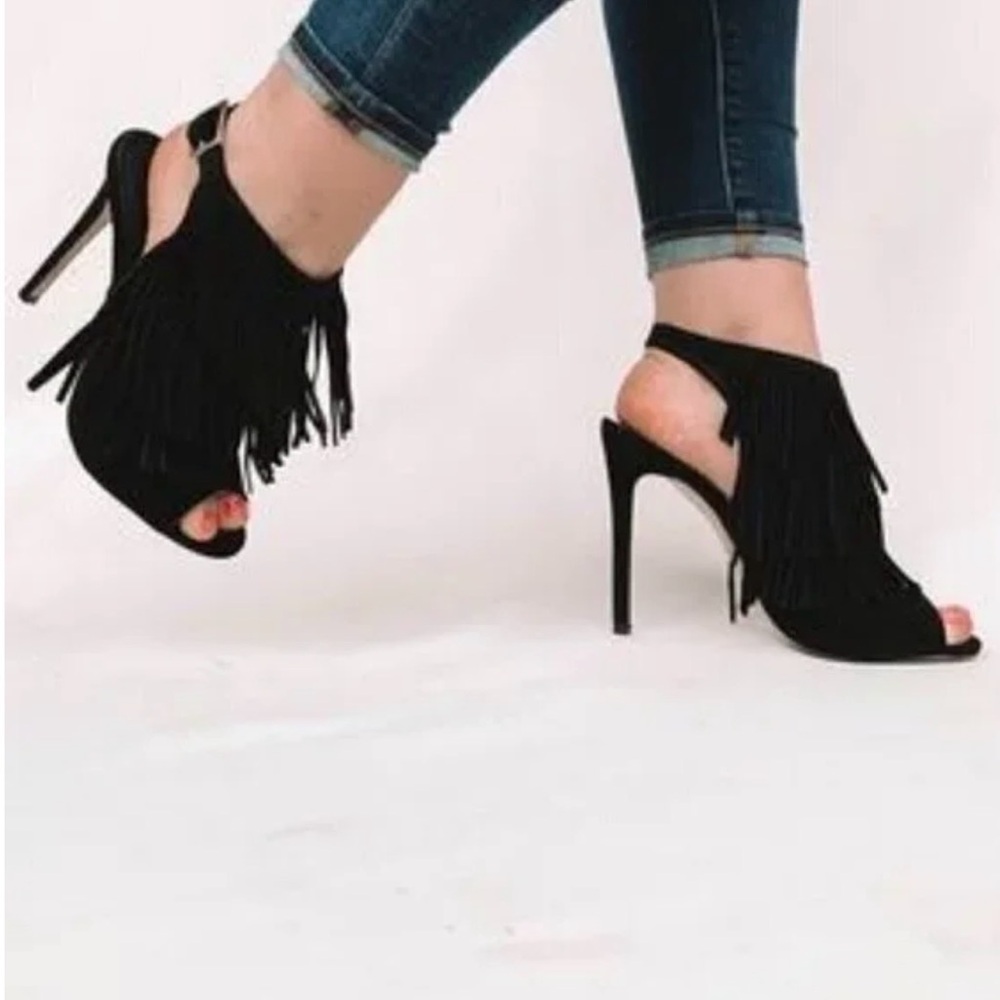 Black Fringe High Heel Sandals